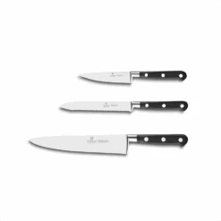 Lion Sabatier® Ideal 3 Piece Knife Set - 10cm Paring, 12cm Serrated Utility & 20cm Cooks Knife (Black Handle With Stainless Steel Rivets)