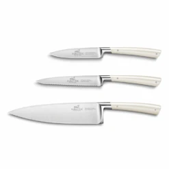 Lion Sabatier® Edonist Perle 3 Piece Knife Set - 10cm Paring, 12cm Serrated Utility & 20cm Cooks Knife (Pearl Handle With Stainless Steel Rivets)